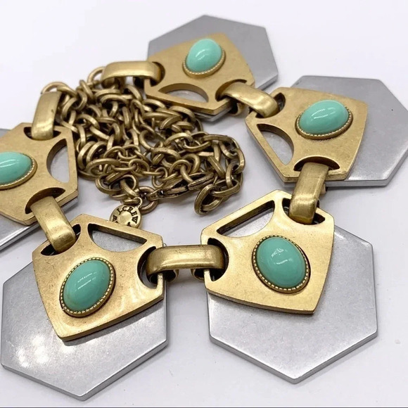 J. Crew Silver Gold Turquoise Blue Necklace - Picture 2 of 3